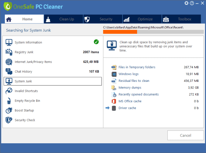 Onesafe cleaner screen
